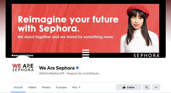 Bannière Sephora avec le message « Reimagine your future with Sephora » et le portrait d’une femme sur fond rouge.