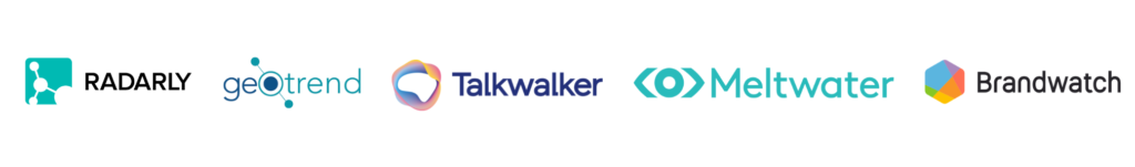 Logos Radarly, geotrend, talkwalker, meltwater, brandwatch
