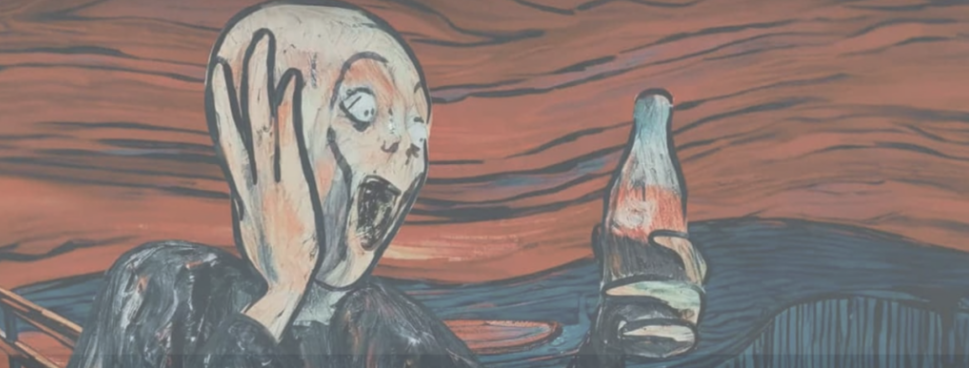 Illustration inspirée du « Cri » de Munch, représentant un personnage tenant une bouteille de Coca-Cola.