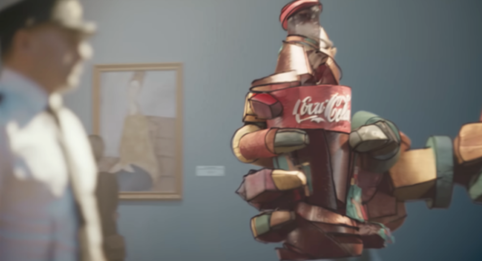 Image d’une main robotisée tenant une bouteille de Coca-Cola dans un environnement de type musée.