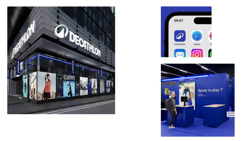 Trois visuels Decathlon : façade moderne d'un magasin urbain, application mobile sur smartphone, et stand d'expérience interactive "Ready to play ?".