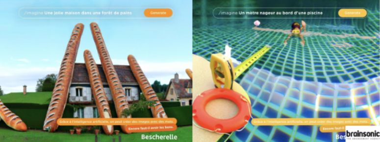 Deux exemples de génération d'images par IA illustrant des interprétations littérales de prompts en français : une maison entourée de baguettes géantes et un nageur miniature au bord d'une piscine.