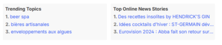 Capture d’écran listant des sujets tendance et des actualités en ligne.