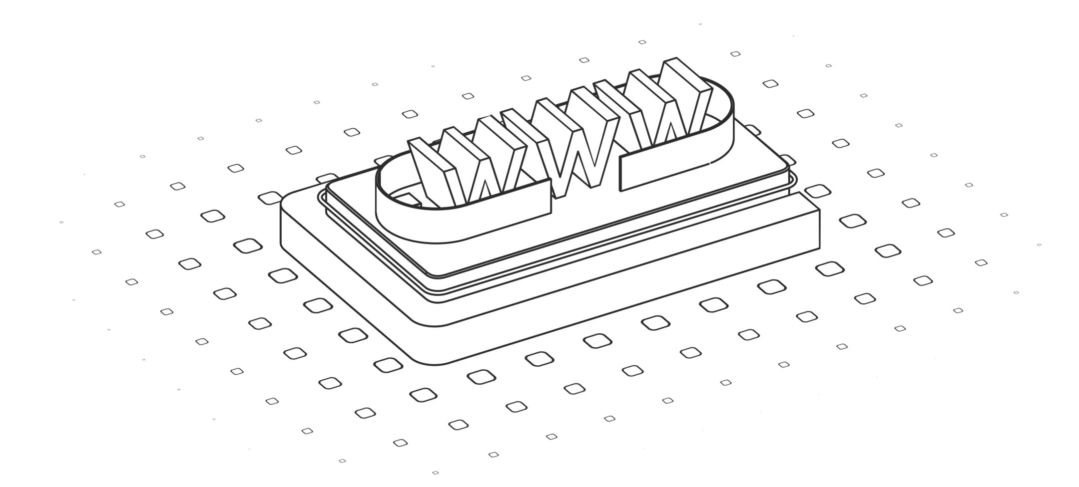 Illustration en noir et blanc du texte « www » posé sur une plateforme, avec des formes géométriques en arrière-plan.