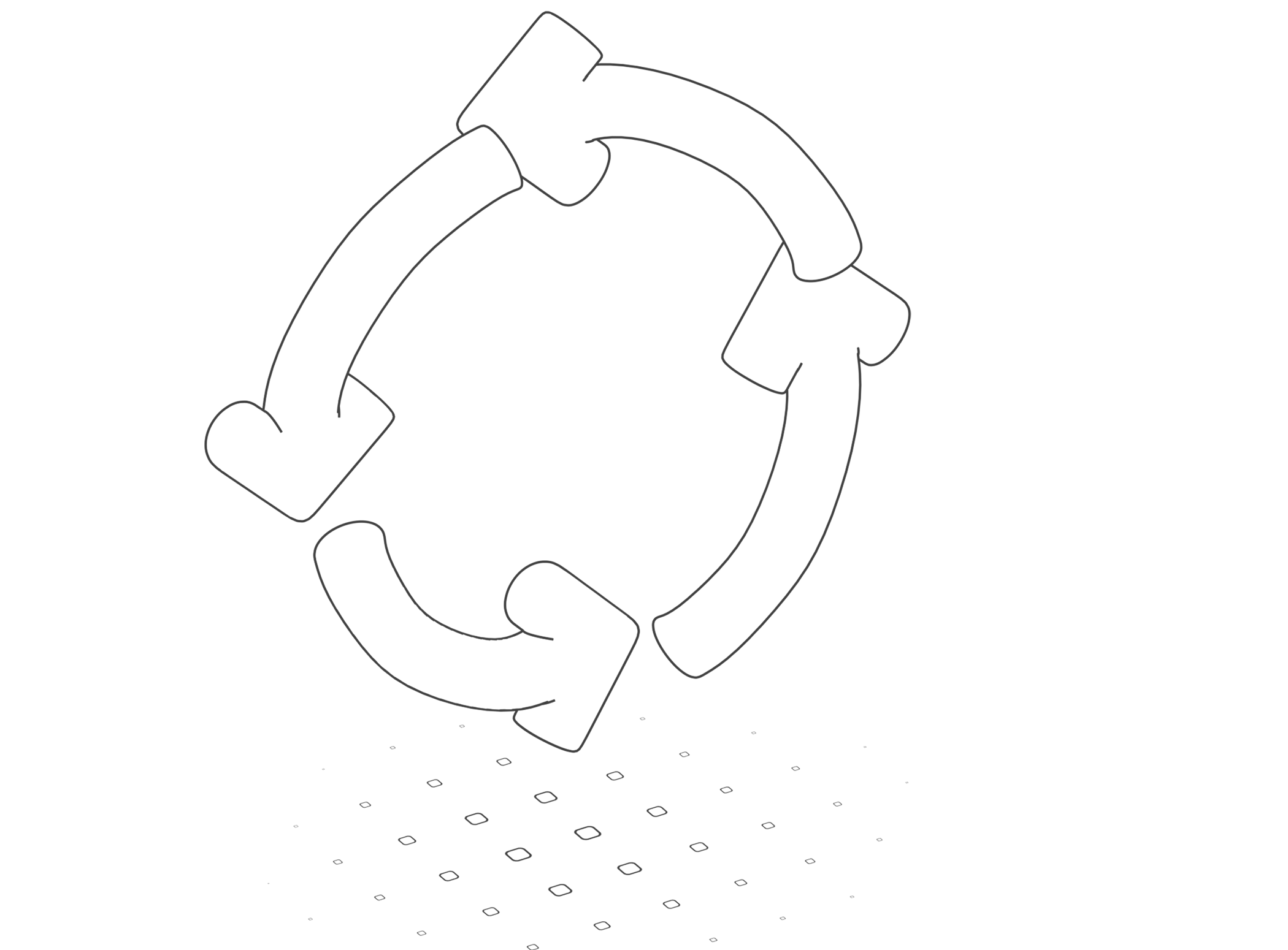 Illustration en noir et blanc de flèches formant un cercle, représentant un cycle ou un processus continu.