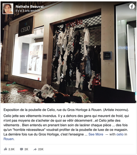 Post Facebook montrant des vêtements lacérés accrochés à la grille fermée d'un magasin Celio à Rouen, accompagné d'un commentaire dénonçant la destruction volontaire d'invendus.