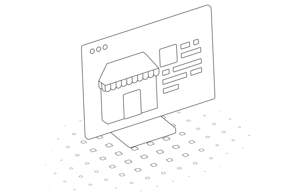 Illustration en noir et blanc d’un écran d’ordinateur affichant une boutique en ligne.