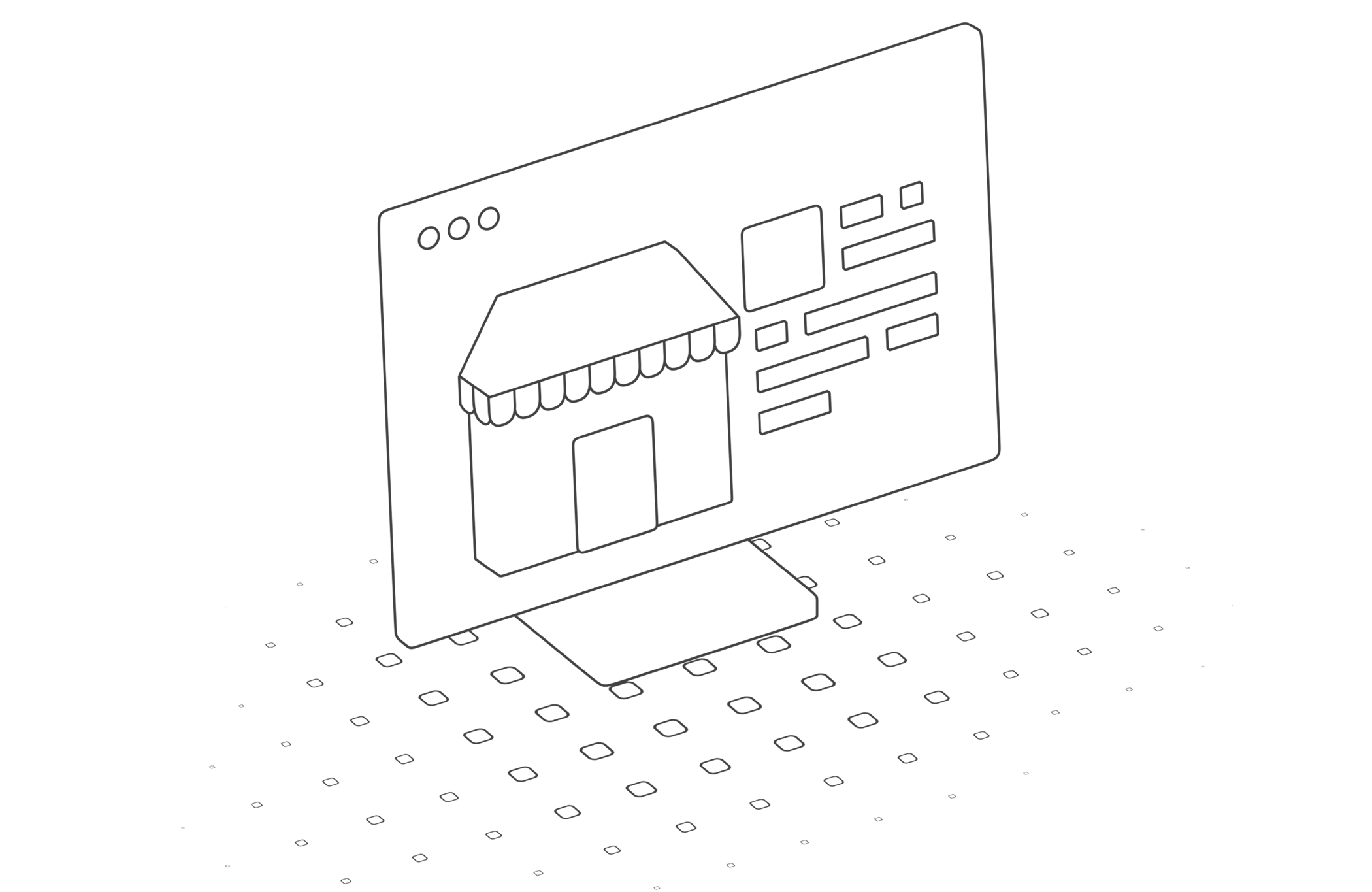 Illustration en noir et blanc d’un écran d’ordinateur affichant une boutique en ligne.