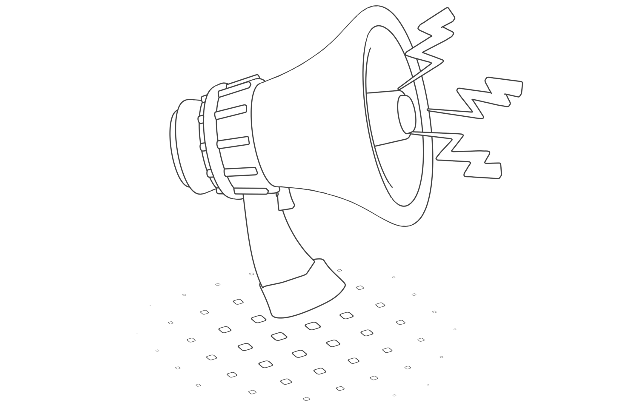 Illustration en noir et blanc d’un mégaphone avec des ondes sonores.