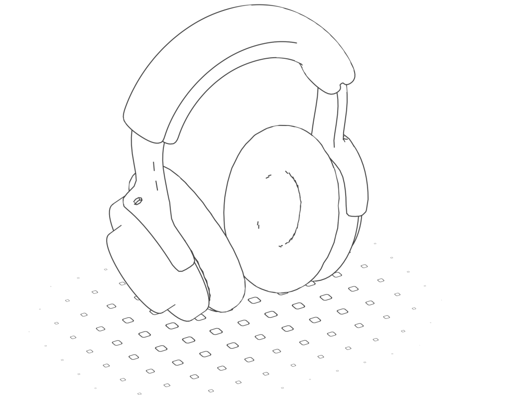 Illustration en noir et blanc d’un casque audio.