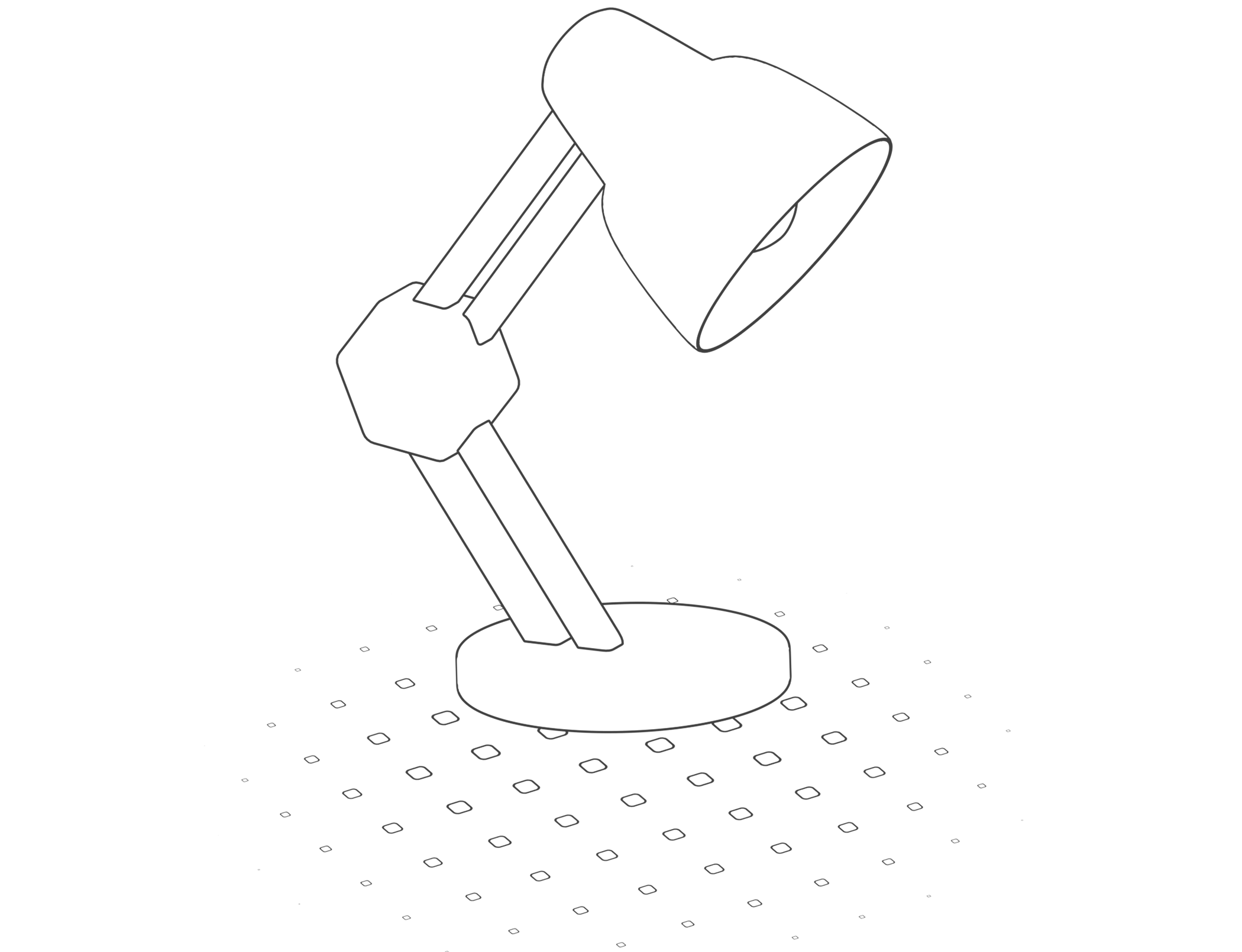 Illustration en noir et blanc d’une lampe de bureau.