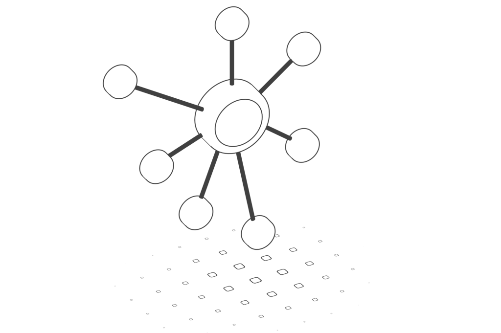 Illustration en noir et blanc d’un schéma en réseau avec un nœud central relié à plusieurs points.