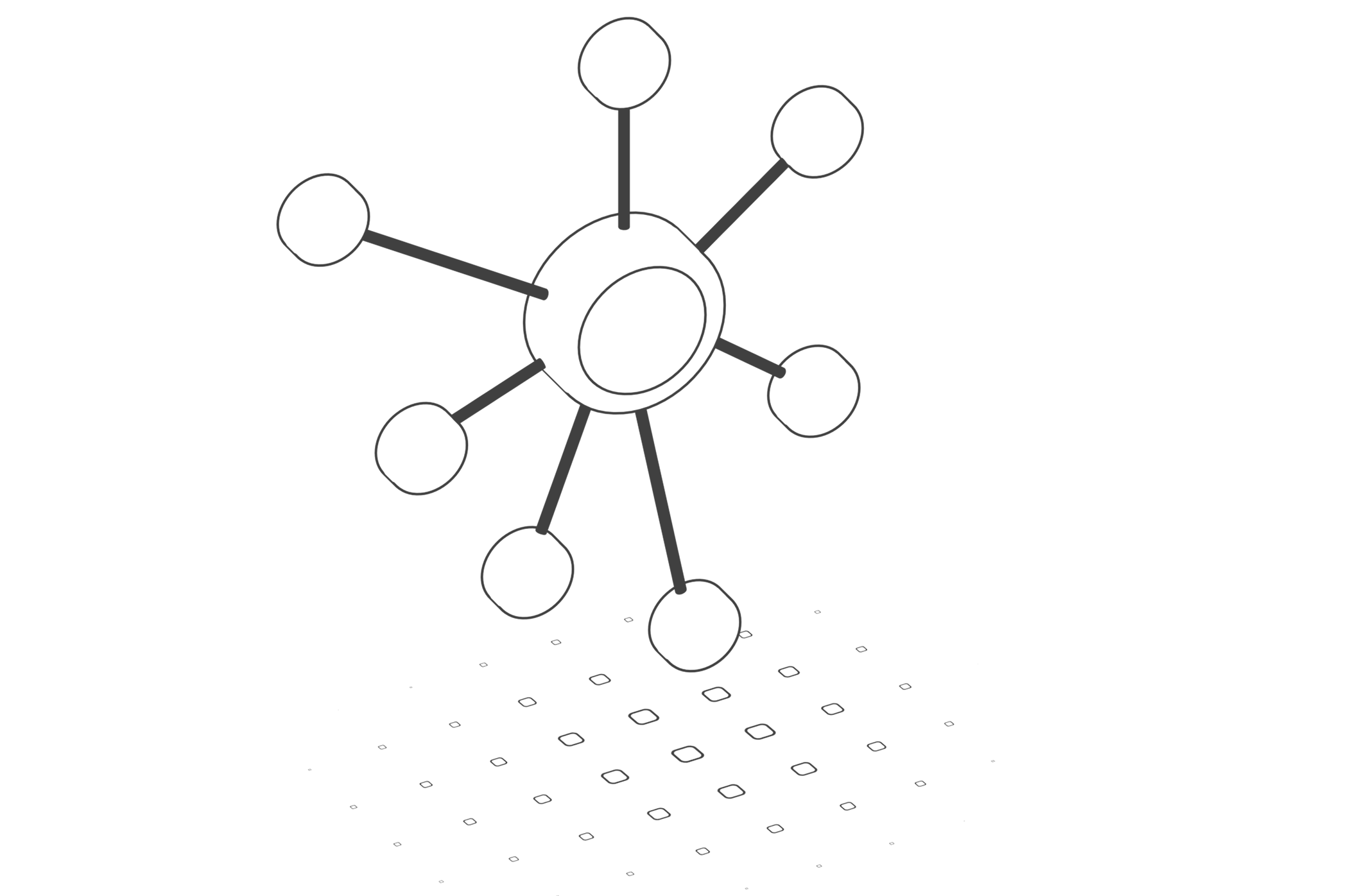 Illustration en noir et blanc d’un schéma en réseau avec un nœud central relié à plusieurs points.