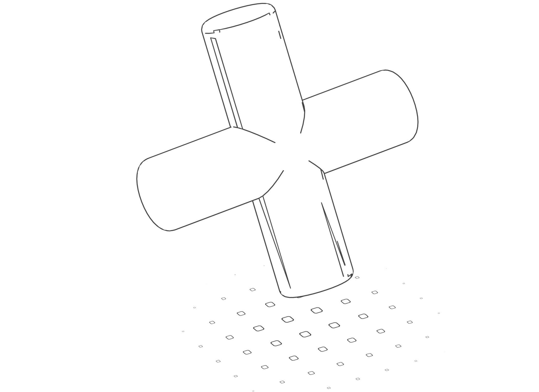 Illustration en noir et blanc de quatre formes allongées disposées en croix autour d’un centre.