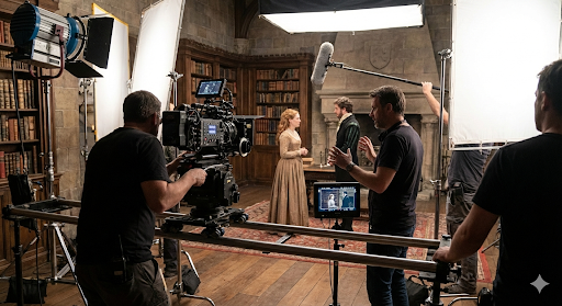 Photo d’un tournage audiovisuel avec une équipe technique filmant deux acteurs dans un décor intérieur.