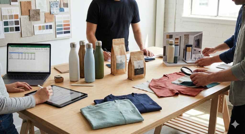 Photo d’une équipe travaillant sur des produits et prototypes (textiles, packaging) autour d’une table, illustrant une phase de conception et de développement produit.