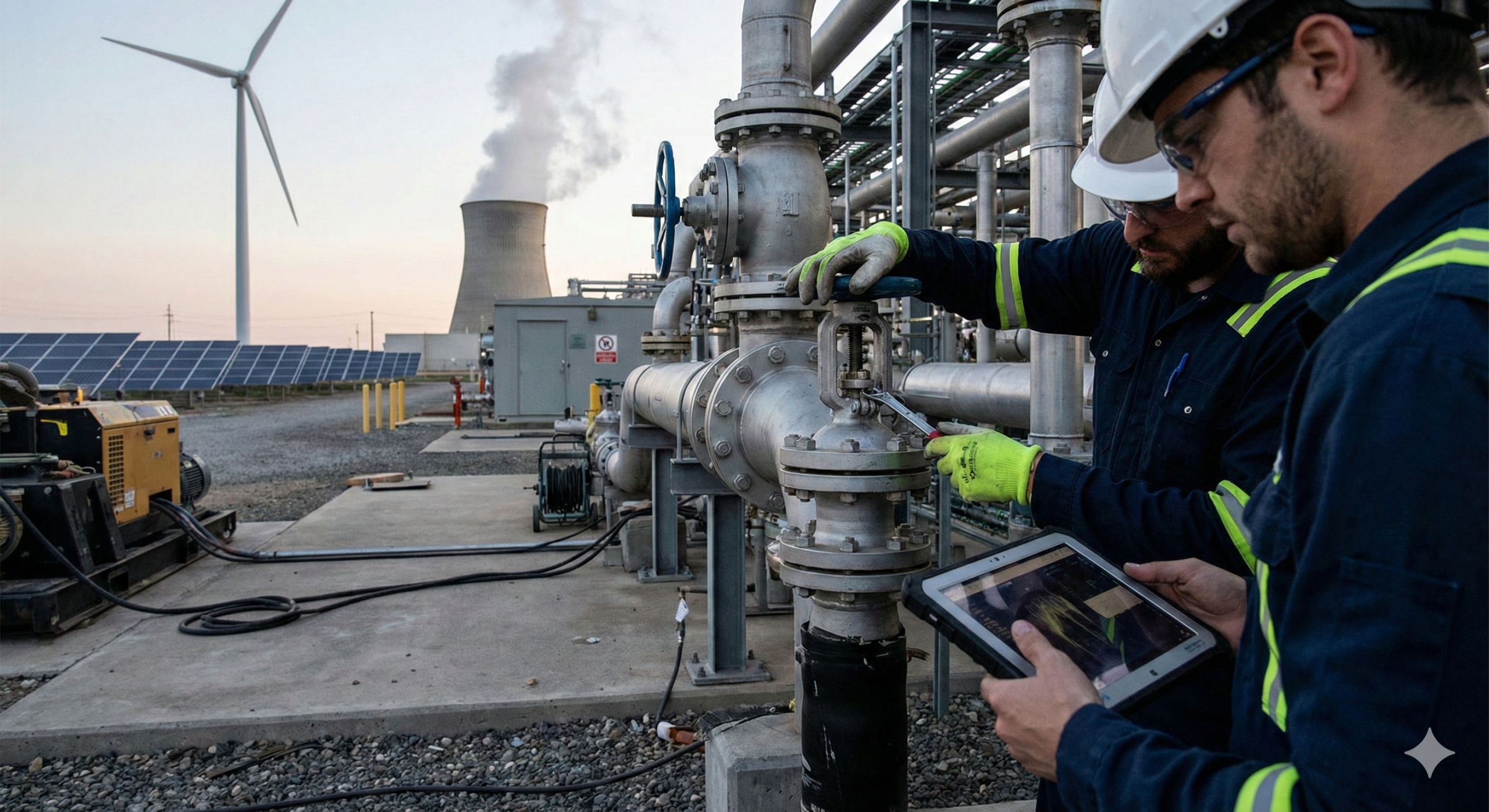Photo de techniciens inspectant des installations industrielles avec une tablette, dans un environnement énergétique combinant éoliennes et infrastructures.