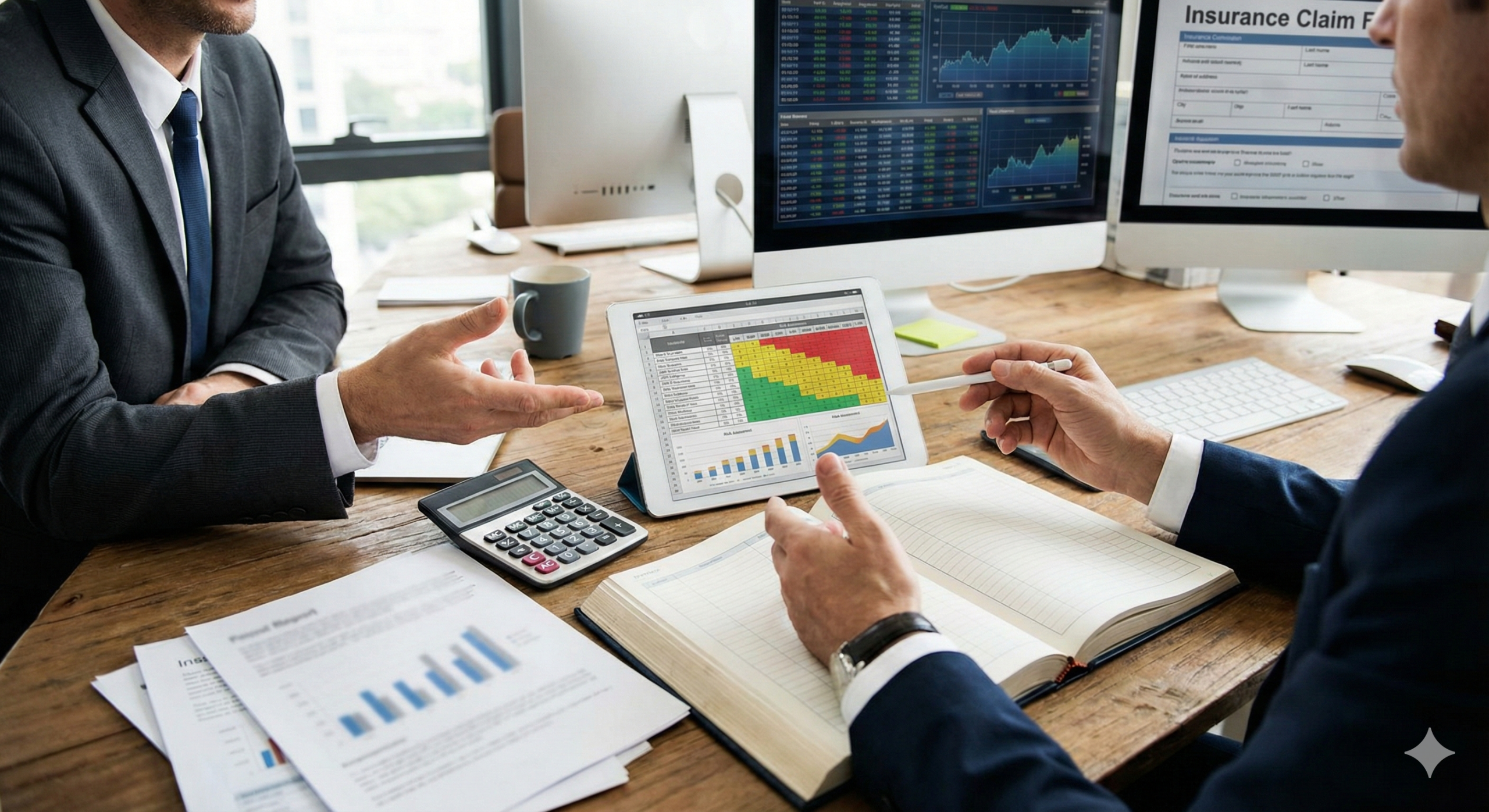 Photo de professionnels analysant des données financières sur tablette et écrans.