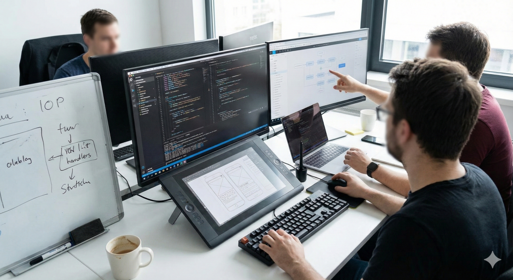 Photo de trois personnes devant plusieurs écrans d’ordinateur affichant du code, avec un clavier, une tablette graphique et un tableau blanc en arrière-plan.