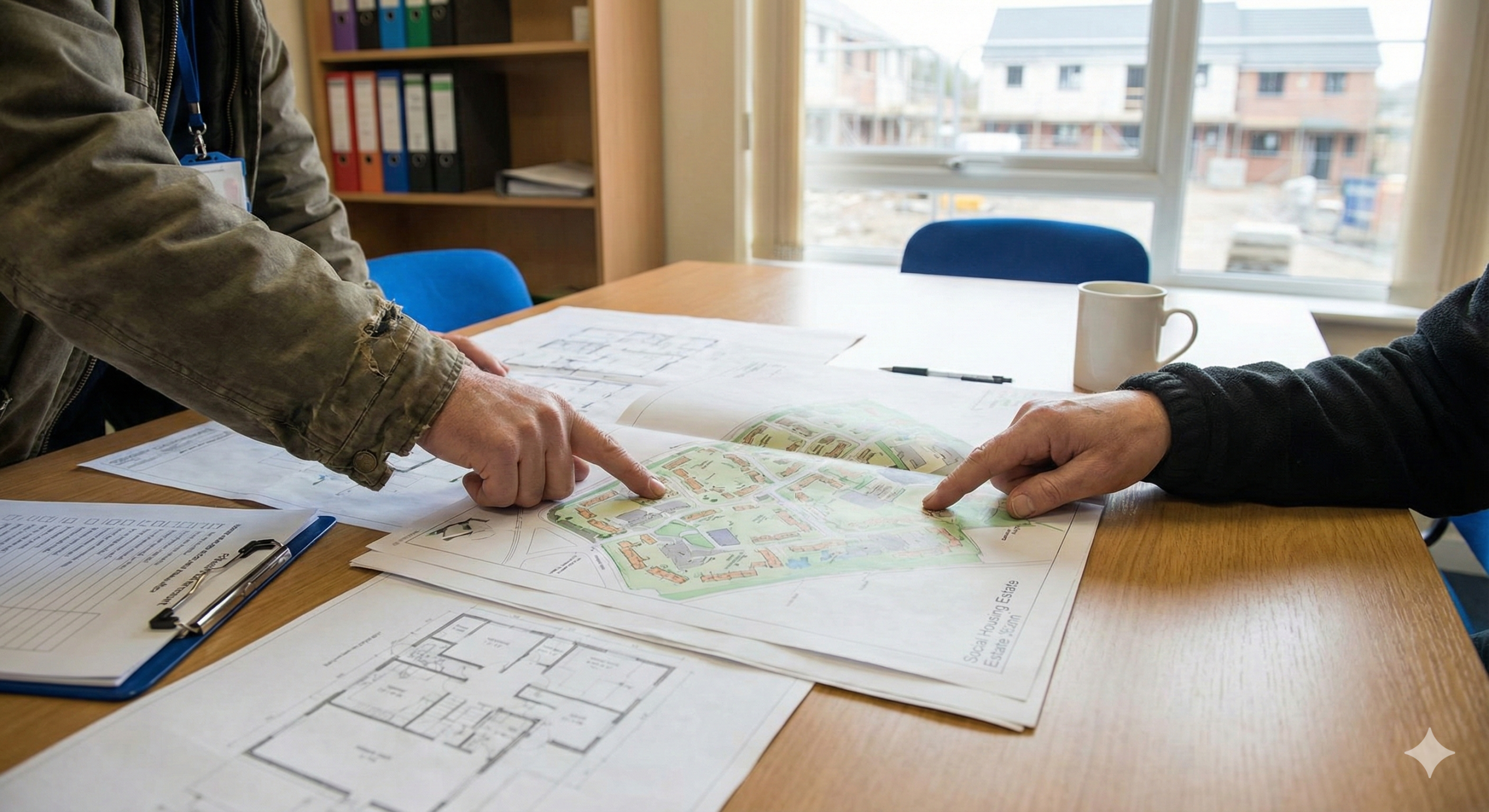 Photo de deux personnes pointant des plans et schémas sur une table, illustrant une phase de conception ou de planification de projet.