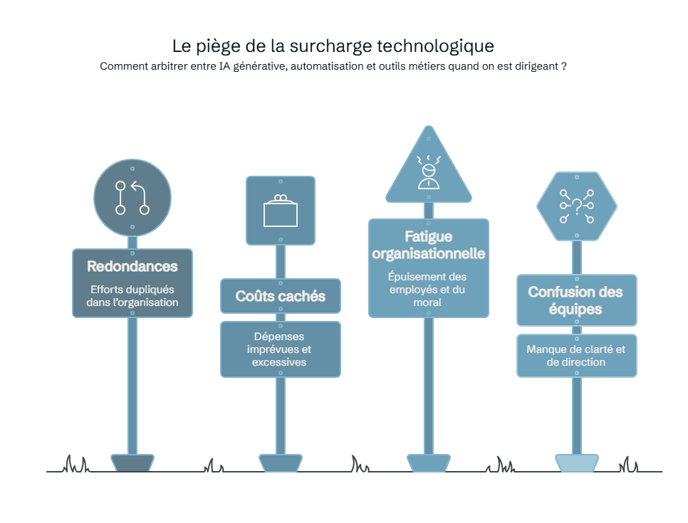 Infographie sur les risques de la surcharge technologique : redondances, coûts cachés, fatigue organisationnelle et confusion des équipes.
