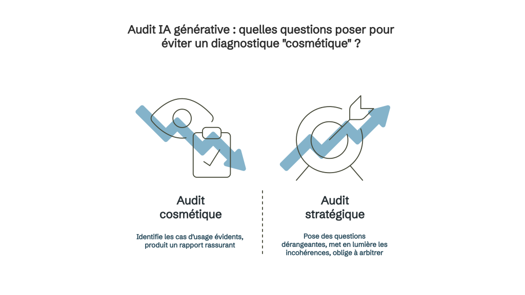 Infographie comparant un audit IA « cosmétique » (superficiel, rassurant) à un audit stratégique (questions approfondies, identification des incohérences et prise de décision).