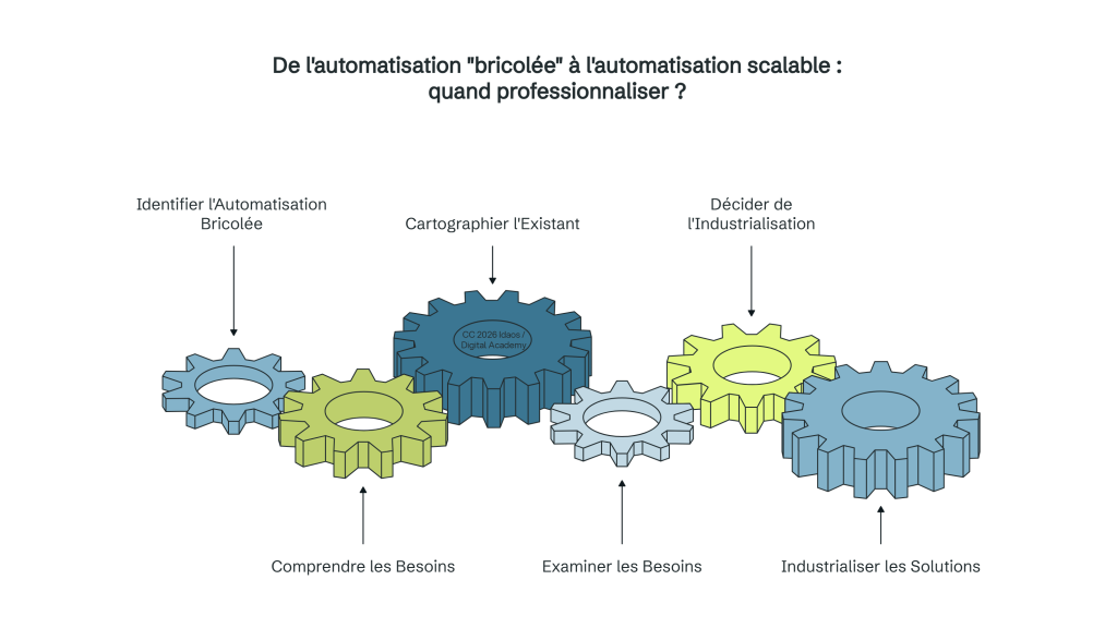Infographie IDAOS illustrant les 5 étapes de maturité de l'automatisation en entreprise, représentées par des engrenages 3D imbriqués : Identifier l'Automatisation Bricolée, Comprendre les Besoins, Cartographier l'Existant, Examiner les Besoins, Décider de l'Industrialisation et Industrialiser les Solutions.