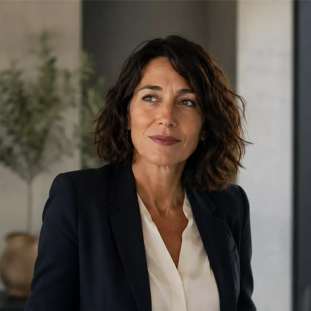 Femme en blazer noir et chemisier blanc appuyée contre un bureau dans un cadre de bureau lumineux et contemporain, regard tourné vers une fenêtre donnant sur la verdure.