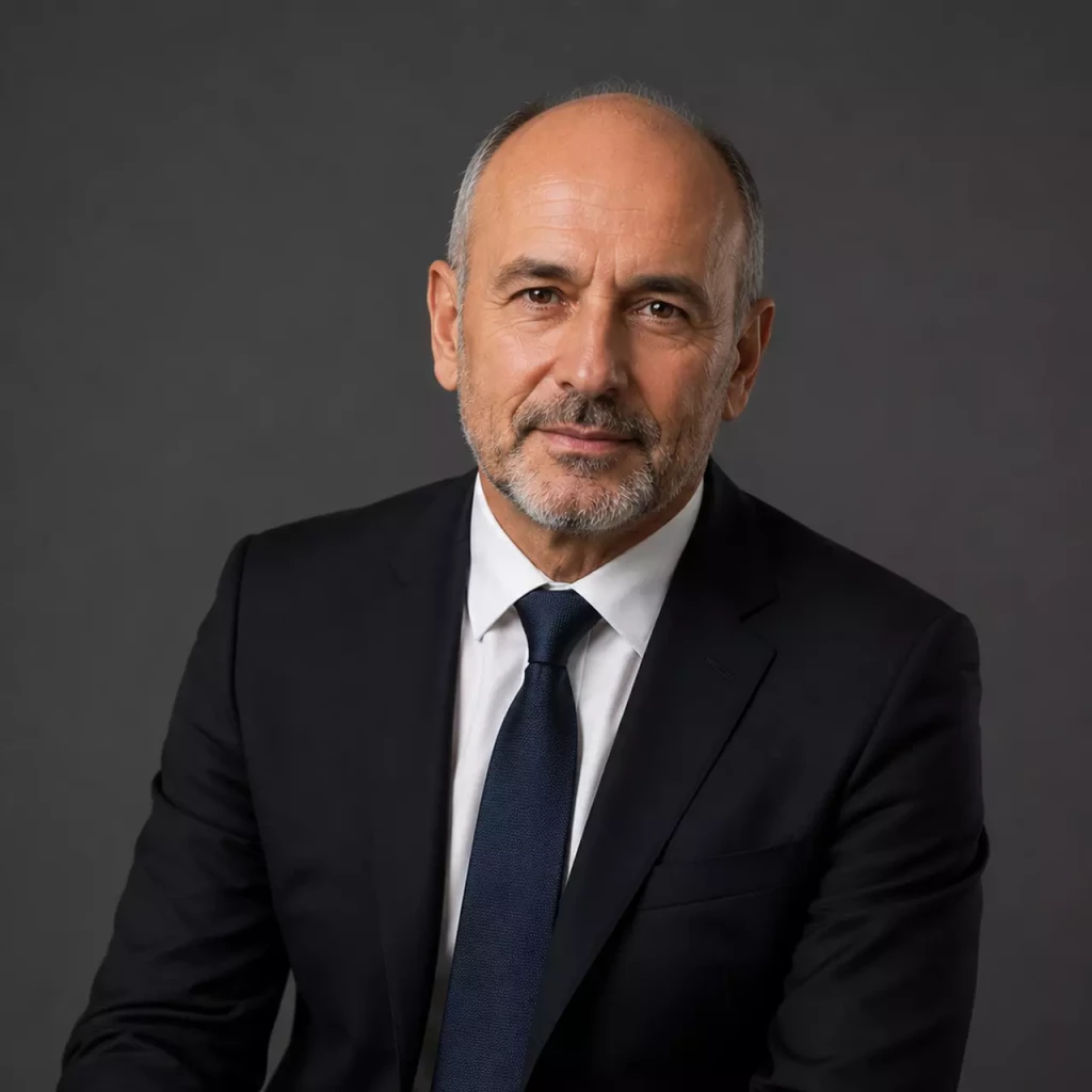 Portrait professionnel d'un homme en costume sombre et cravate bleu marine sur fond gris neutre, regard caméra, expression sobre et assurée.