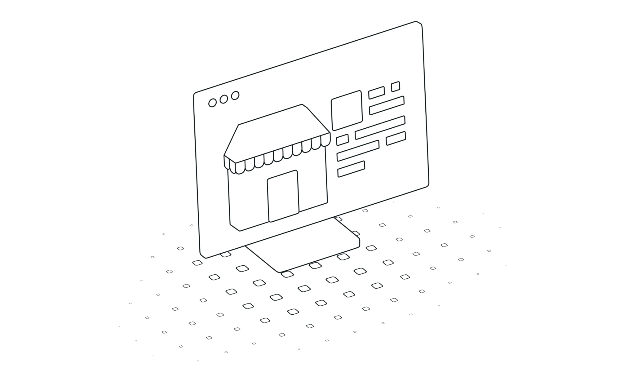 Illustration en 3D d'un écran d'ordinateur affichant une interface de site web e-commerce
