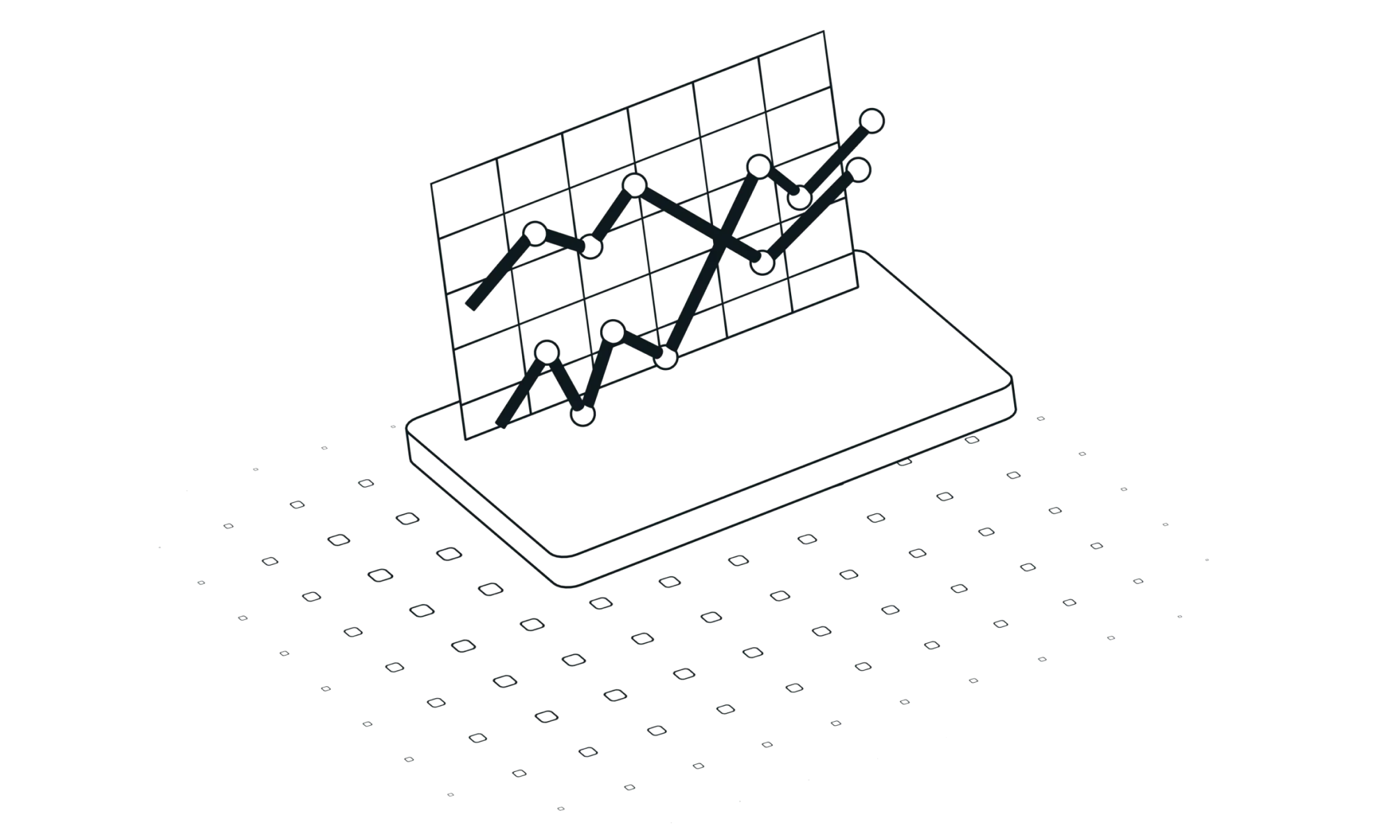 Illustration en 3D d'un graphique de courbes noires sur fond quadrillé, symbole d'analyse de données