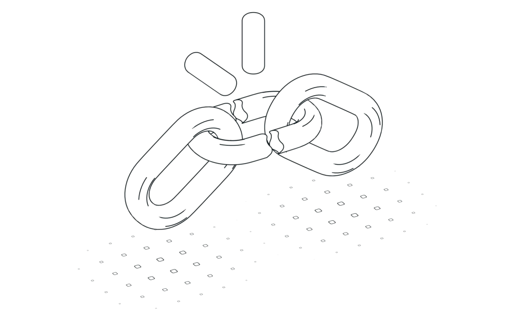 Illustration en 3D d'une chaîne brisée, symbole de rupture de lien