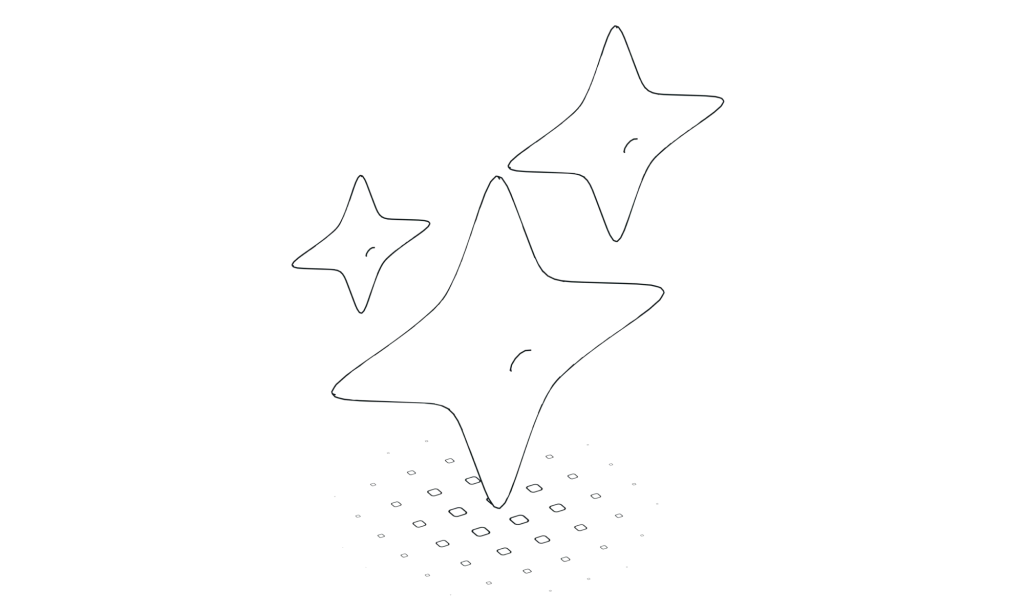 Illustration en 3D de trois étoiles scintillantes, symbole d'intelligence artificielle