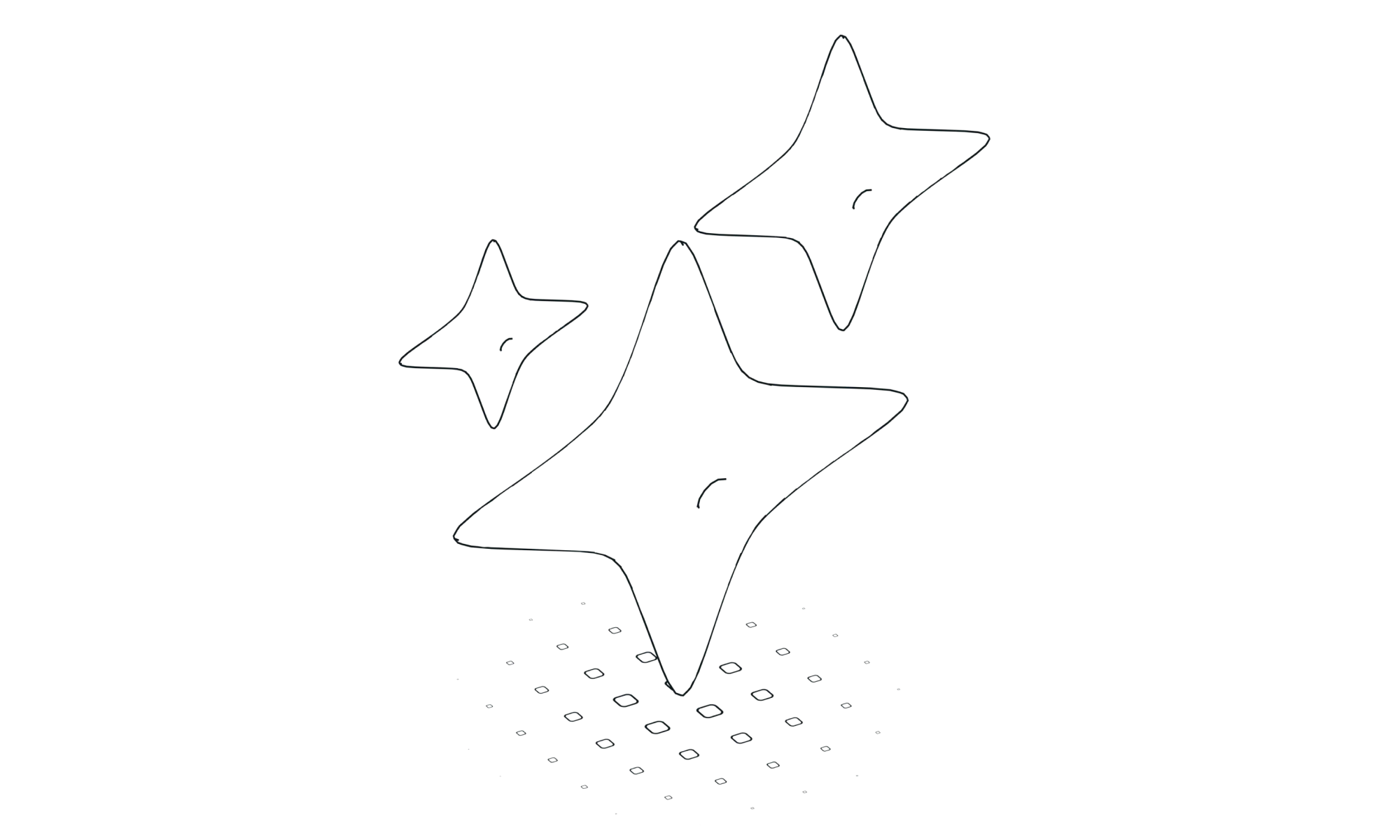 Illustration en 3D de trois étoiles scintillantes, symbole d'intelligence artificielle